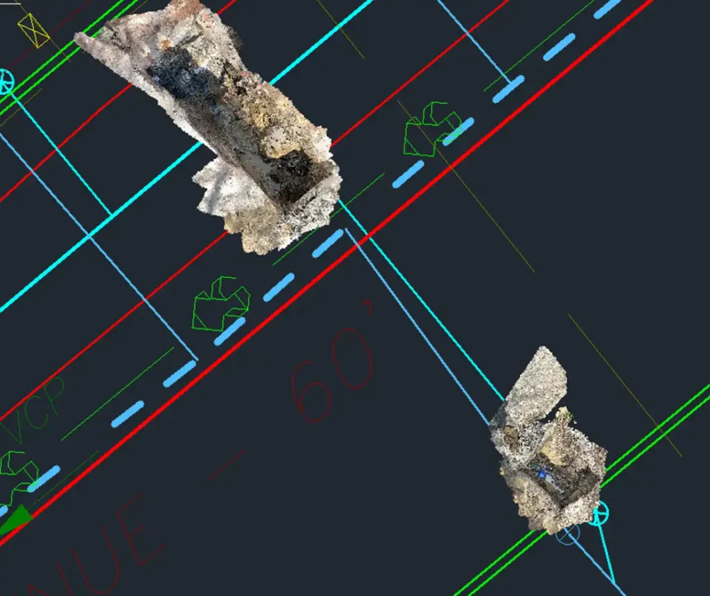 Existing underground pipes with mapping elements overlayed